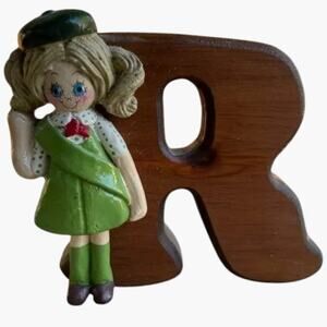Vintage Wooden Letter "R" with Attached Girl Figure Decorative Initial Character